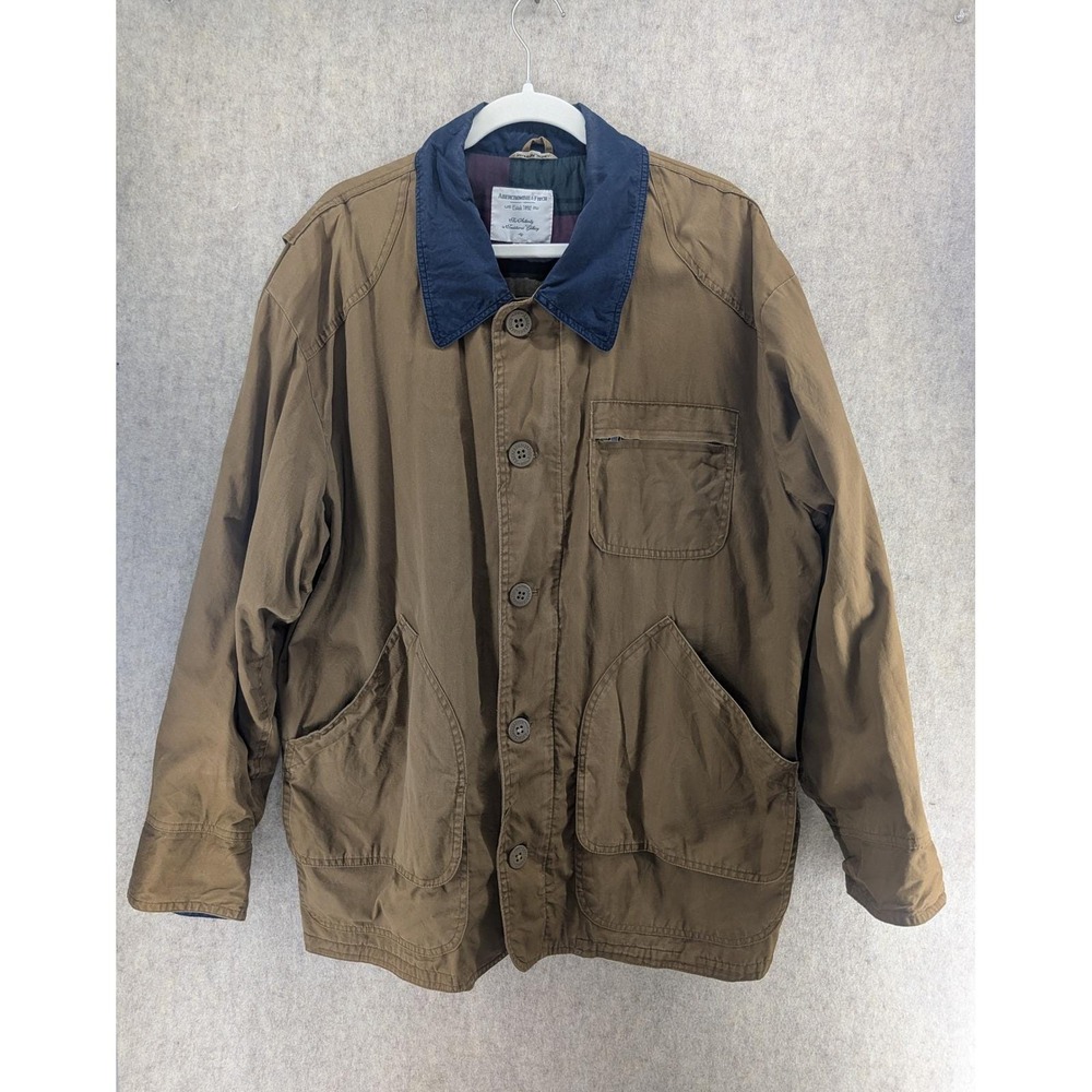 Vintage Abercrombie & Fitch Mens Barn Jacket Brown Cotton Plaid Lined Large